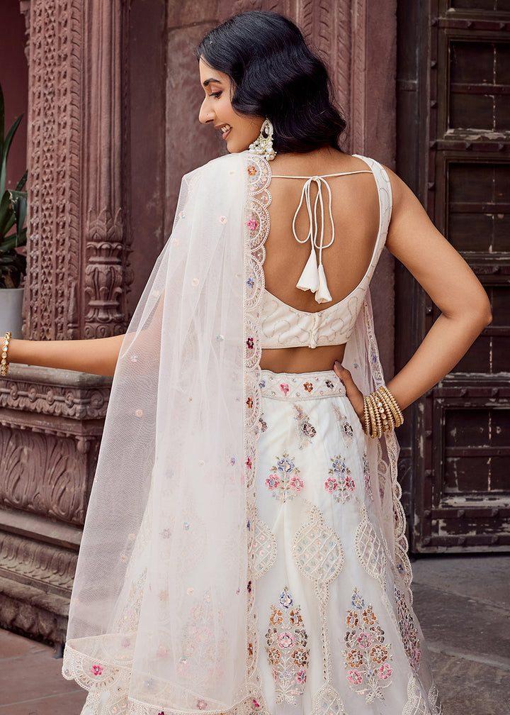 Buy Now Cream Net Wedding Function Style Lehenga Choli Online in US, UK, Canada, France, Germany, Sweden, Greece, Denmark, Maldives, UAE & Worldwide at Empress.