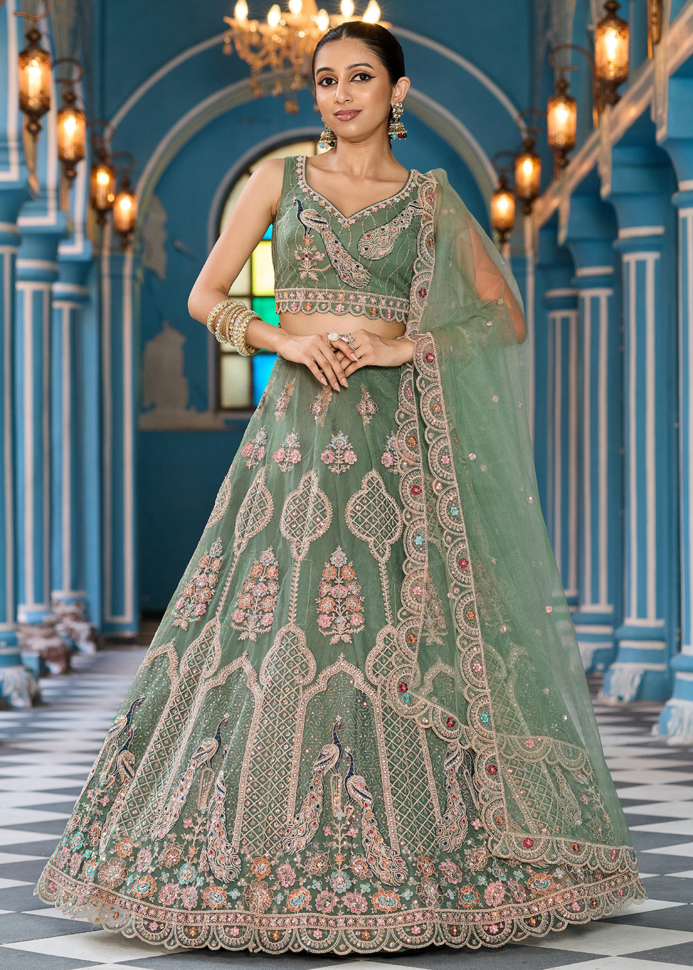 Buy Now Green Net Wedding Function Style Lehenga Choli Online in US, UK, Canada, France, Germany, Sweden, Greece, Denmark, Maldives, UAE & Worldwide at Empress.