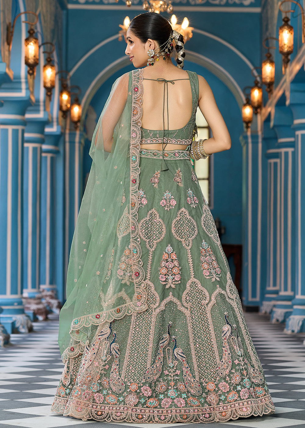 Buy Now Green Net Wedding Function Style Lehenga Choli Online in US, UK, Canada, France, Germany, Sweden, Greece, Denmark, Maldives, UAE & Worldwide at Empress.