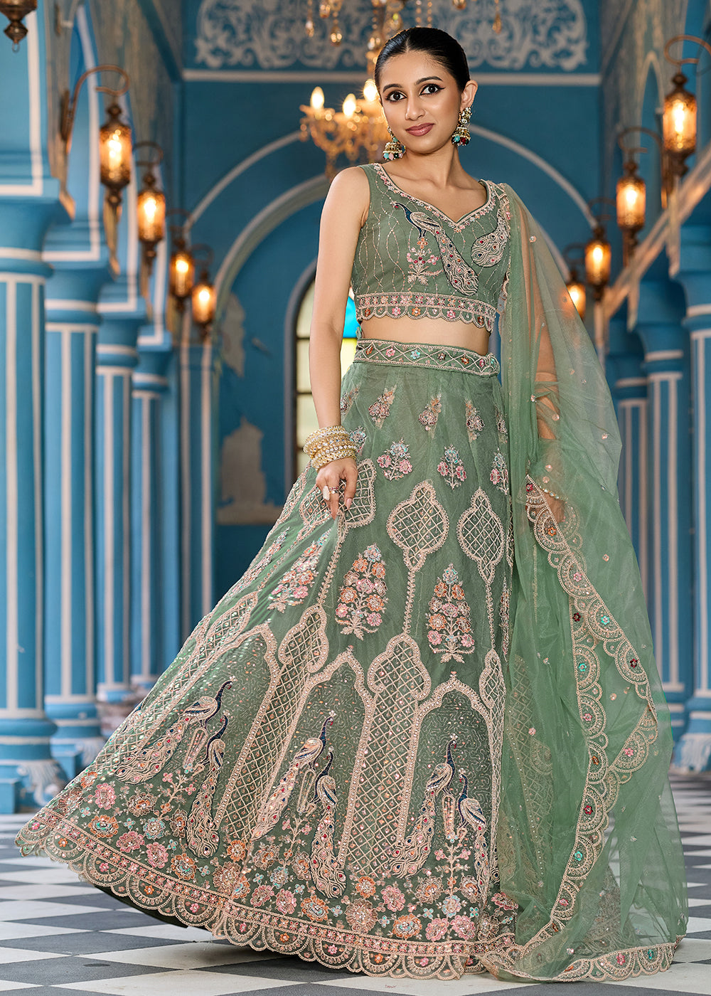 Buy Now Green Net Wedding Function Style Lehenga Choli Online in US, UK, Canada, France, Germany, Sweden, Greece, Denmark, Maldives, UAE & Worldwide at Empress.