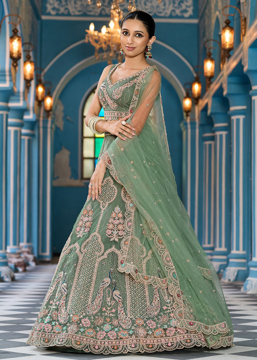 Buy Now Green Net Wedding Function Style Lehenga Choli Online in US, UK, Canada, France, Germany, Sweden, Greece, Denmark, Maldives, UAE & Worldwide at Empress.