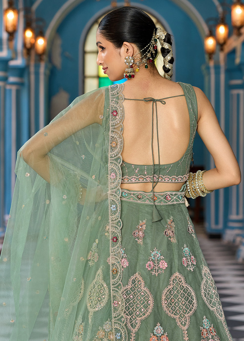 Buy Now Green Net Wedding Function Style Lehenga Choli Online in US, UK, Canada, France, Germany, Sweden, Greece, Denmark, Maldives, UAE & Worldwide at Empress.