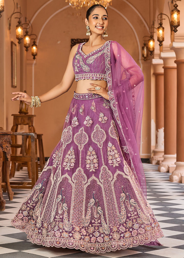 Buy Now Lavender Net Wedding Function Style Lehenga Choli Online in US, UK, Canada, France, Germany, Sweden, Greece, Denmark, Maldives, UAE & Worldwide at Empress.