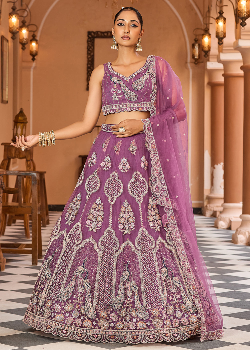 Buy Now Lavender Net Wedding Function Style Lehenga Choli Online in US, UK, Canada, France, Germany, Sweden, Greece, Denmark, Maldives, UAE & Worldwide at Empress.