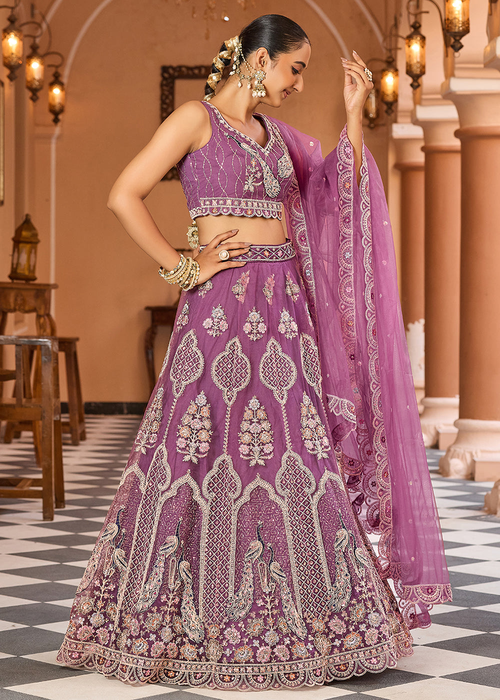 Buy Now Lavender Net Wedding Function Style Lehenga Choli Online in US, UK, Canada, France, Germany, Sweden, Greece, Denmark, Maldives, UAE & Worldwide at Empress.