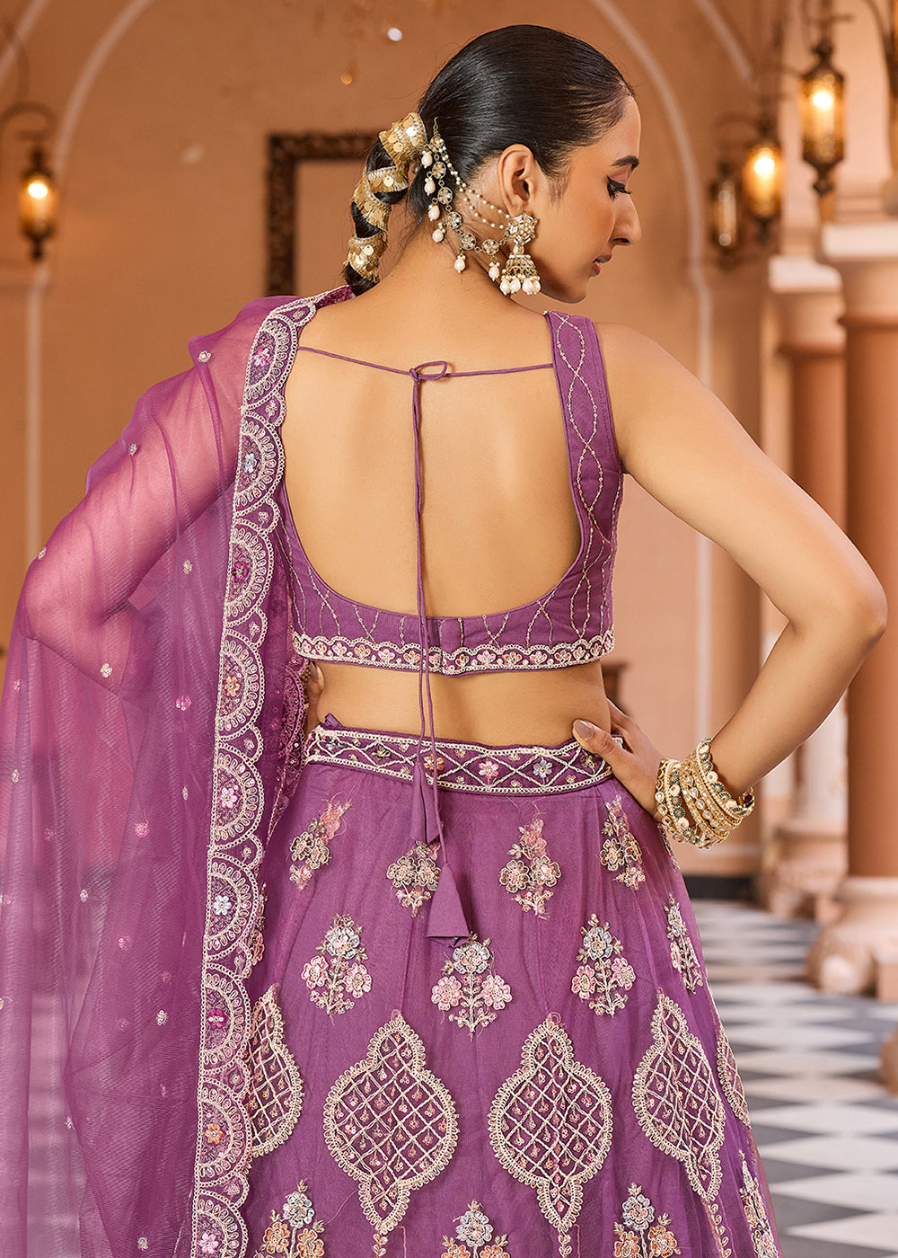 Buy Now Lavender Net Wedding Function Style Lehenga Choli Online in US, UK, Canada, France, Germany, Sweden, Greece, Denmark, Maldives, UAE & Worldwide at Empress.