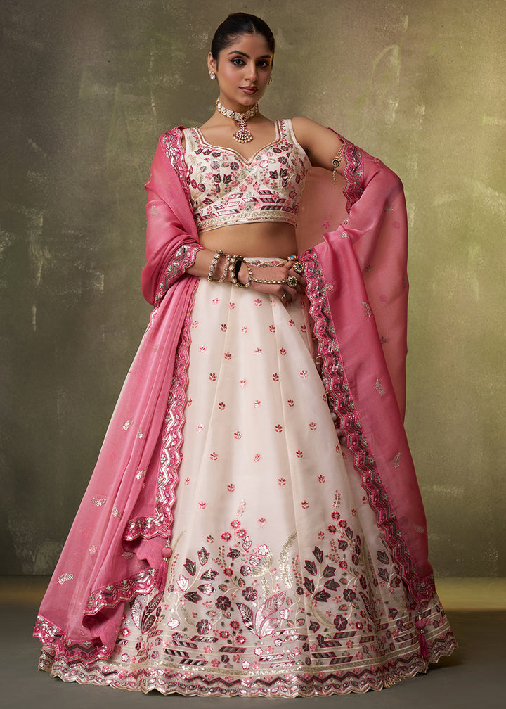 Buy Now Cream Wedding Function Style Organza Lehenga Choli Online in US, UK, Canada, France, Germany, Sweden, Greece, Denmark, Spain, UAE & Worldwide at Empress.