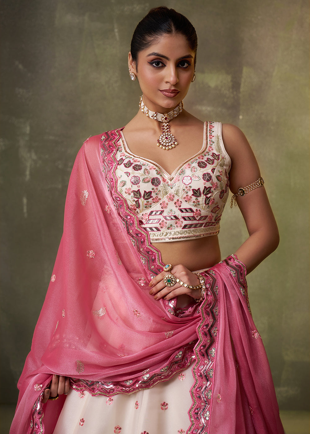 Buy Now Cream Wedding Function Style Organza Lehenga Choli Online in US, UK, Canada, France, Germany, Sweden, Greece, Denmark, Spain, UAE & Worldwide at Empress.