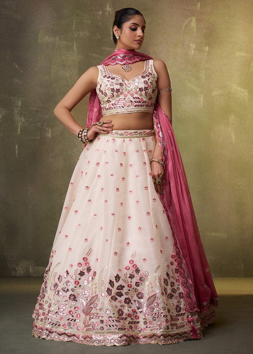 Buy Now Cream Wedding Function Style Organza Lehenga Choli Online in US, UK, Canada, France, Germany, Sweden, Greece, Denmark, Spain, UAE & Worldwide at Empress.