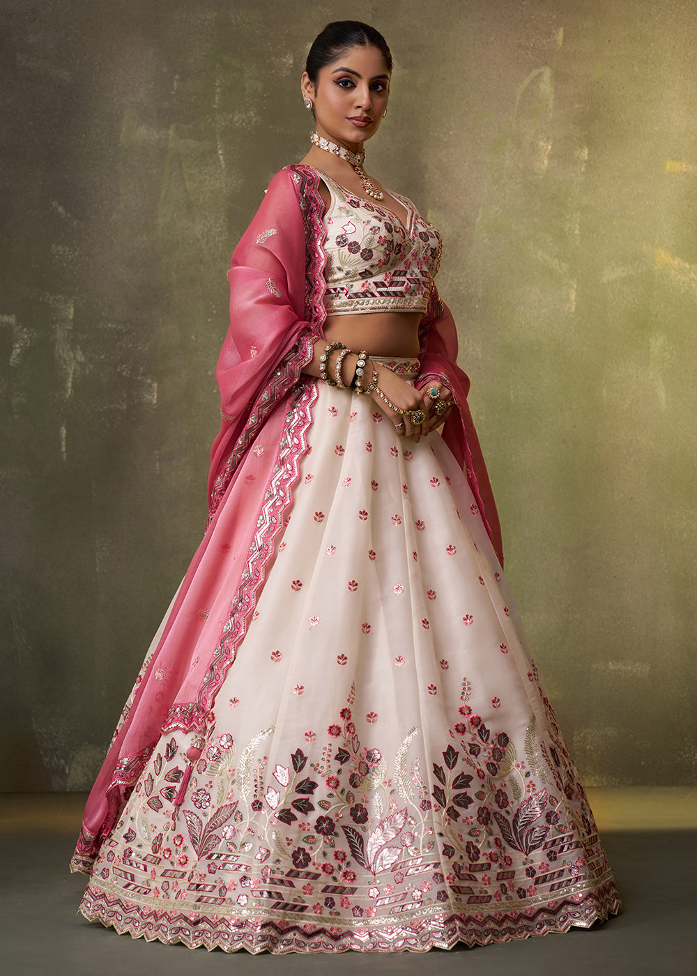 Buy Now Cream Wedding Function Style Organza Lehenga Choli Online in US, UK, Canada, France, Germany, Sweden, Greece, Denmark, Spain, UAE & Worldwide at Empress.