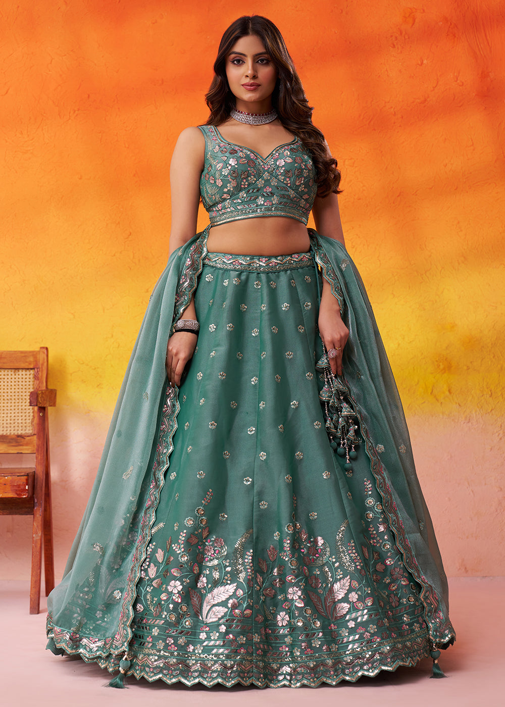 Buy Now Green Wedding Function Style Organza Lehenga Choli Online in US, UK, Canada, France, Germany, Sweden, Greece, Denmark, Spain, UAE & Worldwide at Empress