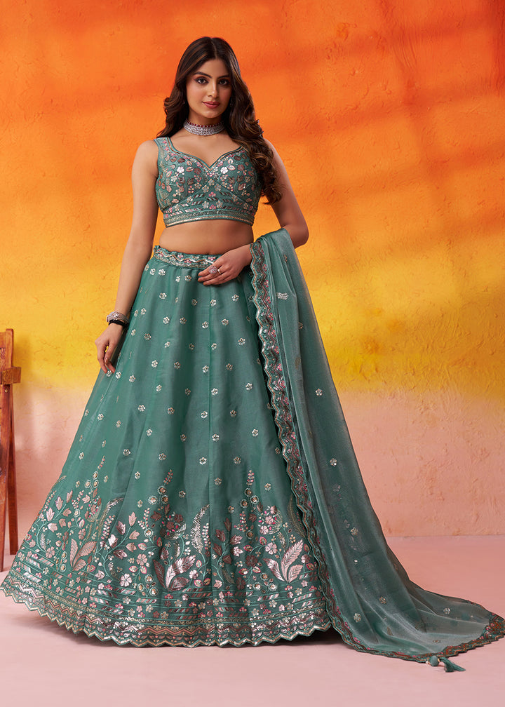 Buy Now Green Wedding Function Style Organza Lehenga Choli Online in US, UK, Canada, France, Germany, Sweden, Greece, Denmark, Spain, UAE & Worldwide at Empress