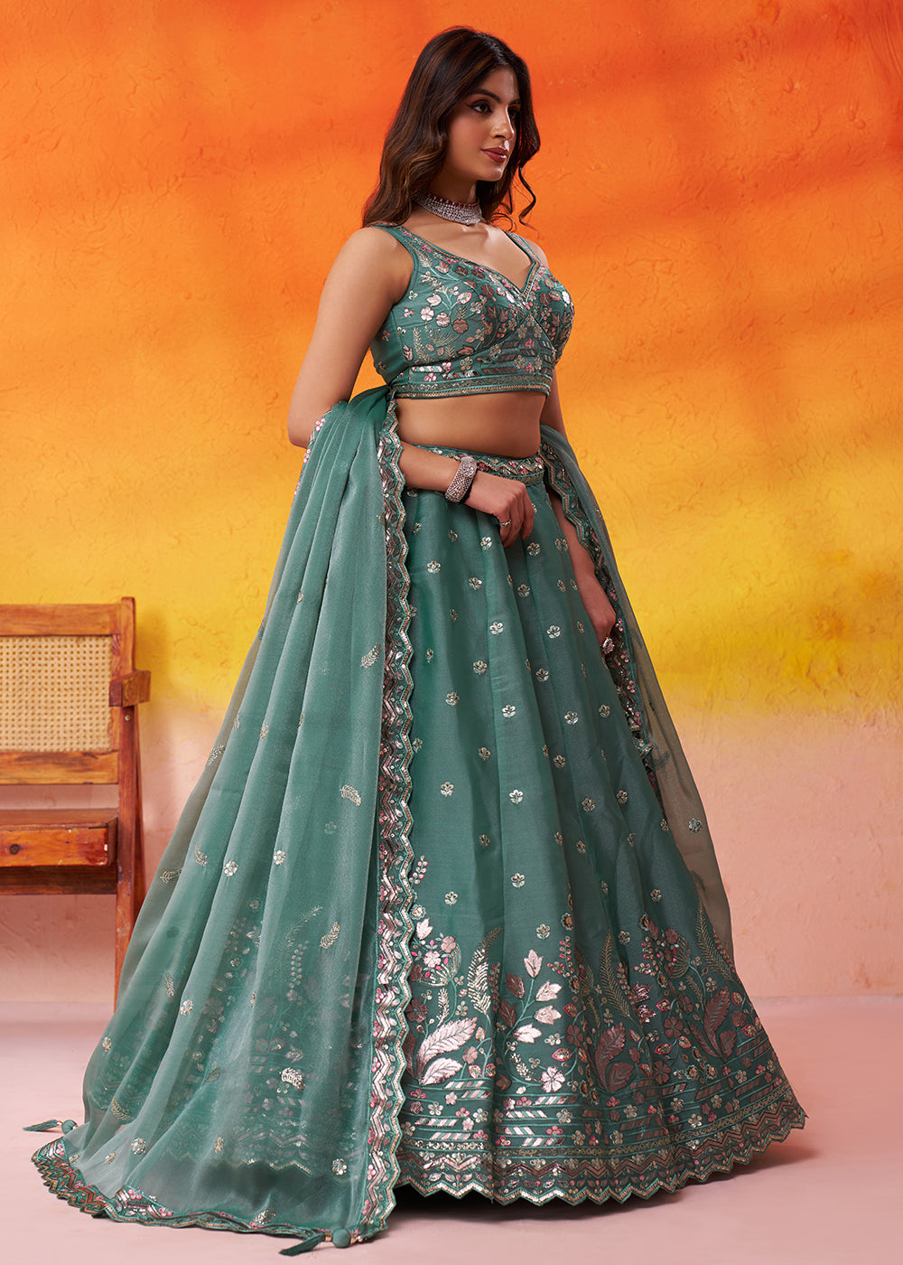 Buy Now Green Wedding Function Style Organza Lehenga Choli Online in US, UK, Canada, France, Germany, Sweden, Greece, Denmark, Spain, UAE & Worldwide at Empress