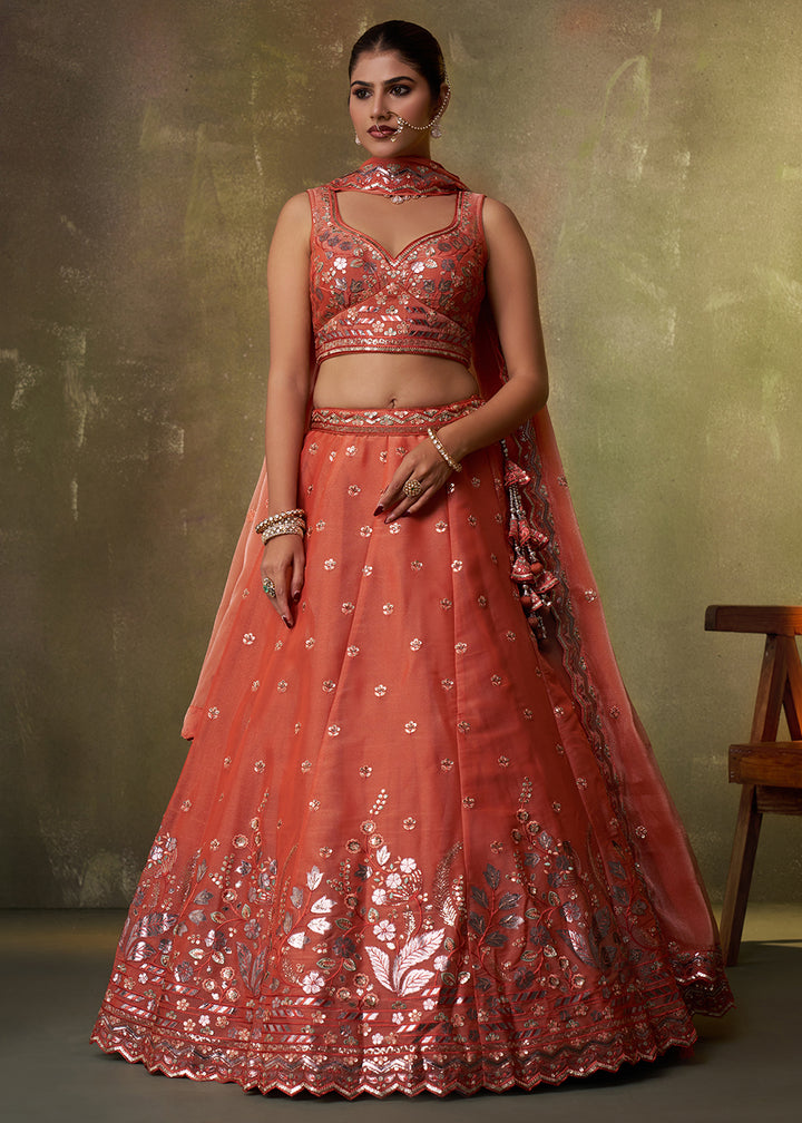 Buy Now Orange Wedding Function Style Organza Lehenga Choli Online in US, UK, Canada, France, Germany, Sweden, Greece, Denmark, Spain & Worldwide at Empress.