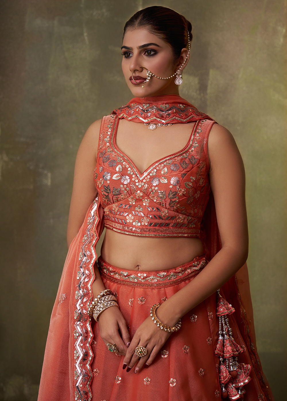 Buy Now Orange Wedding Function Style Organza Lehenga Choli Online in US, UK, Canada, France, Germany, Sweden, Greece, Denmark, Spain & Worldwide at Empress.