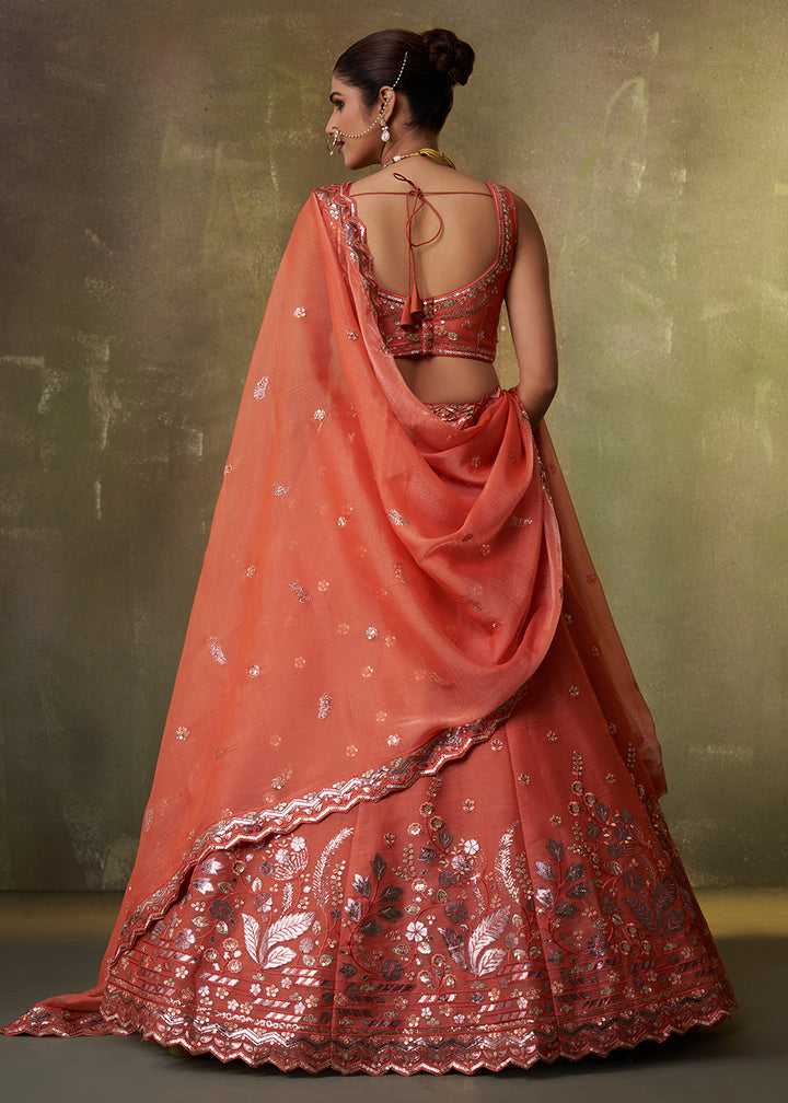 Buy Now Orange Wedding Function Style Organza Lehenga Choli Online in US, UK, Canada, France, Germany, Sweden, Greece, Denmark, Spain & Worldwide at Empress.