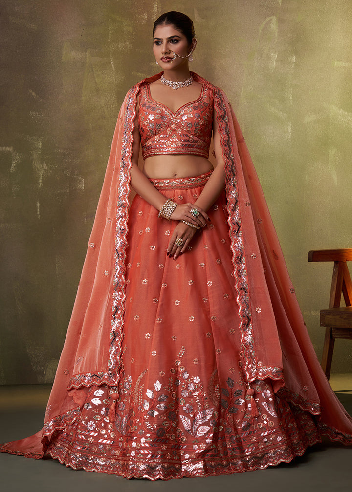 Buy Now Orange Wedding Function Style Organza Lehenga Choli Online in US, UK, Canada, France, Germany, Sweden, Greece, Denmark, Spain & Worldwide at Empress.