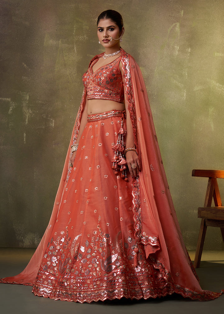 Buy Now Orange Wedding Function Style Organza Lehenga Choli Online in US, UK, Canada, France, Germany, Sweden, Greece, Denmark, Spain & Worldwide at Empress.