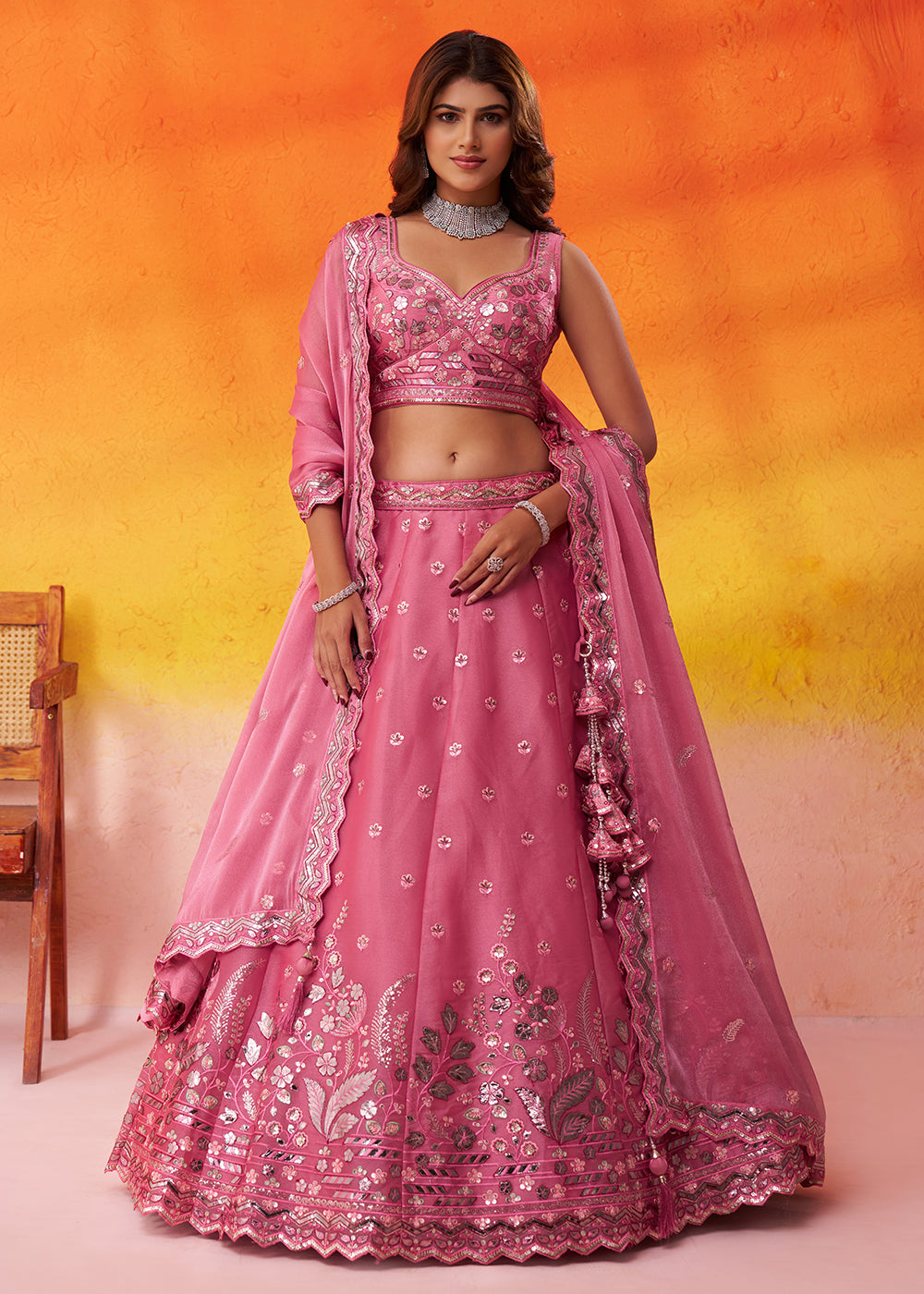Buy Now Pink Wedding Function Style Organza Lehenga Choli Online in US, UK, Canada, France, Germany, Sweden, Greece, Denmark, Spain, UAE & Worldwide at Empress.