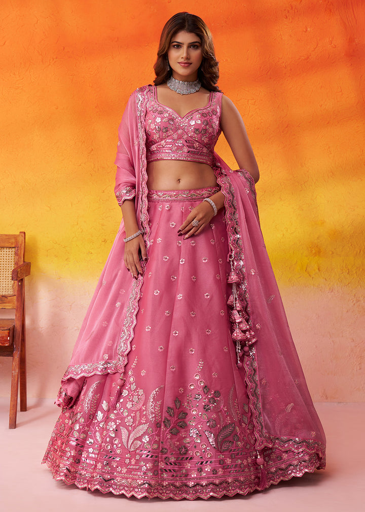 Buy Now Pink Wedding Function Style Organza Lehenga Choli Online in US, UK, Canada, France, Germany, Sweden, Greece, Denmark, Spain, UAE & Worldwide at Empress.