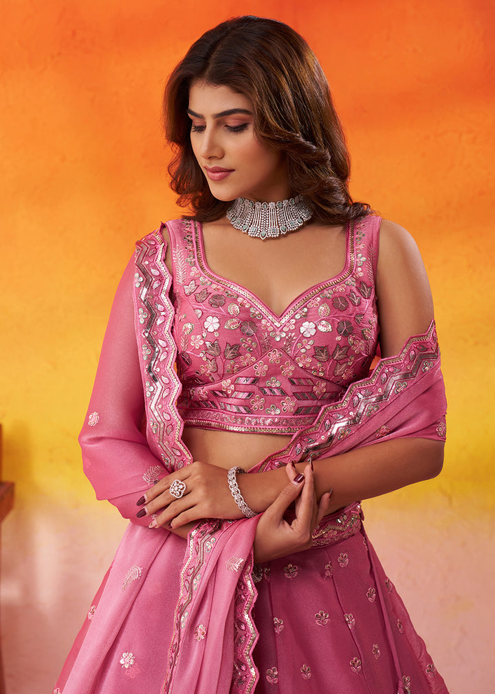 Buy Now Pink Wedding Function Style Organza Lehenga Choli Online in US, UK, Canada, France, Germany, Sweden, Greece, Denmark, Spain, UAE & Worldwide at Empress.