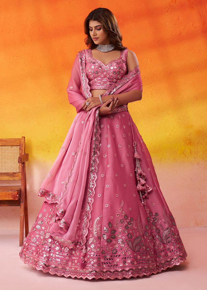 Buy Now Pink Wedding Function Style Organza Lehenga Choli Online in US, UK, Canada, France, Germany, Sweden, Greece, Denmark, Spain, UAE & Worldwide at Empress.