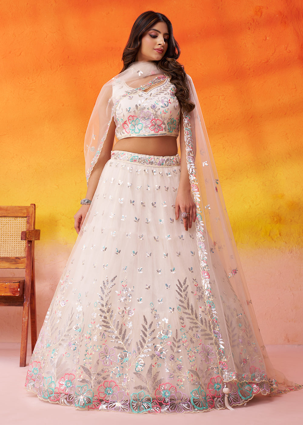 Buy Now Cream Wedding & Party Style Net Lehenga Choli Online in US, UK, Canada, France, Germany, Sweden, Greece, Denmark, Spain, UAE & Worldwide at Empress.