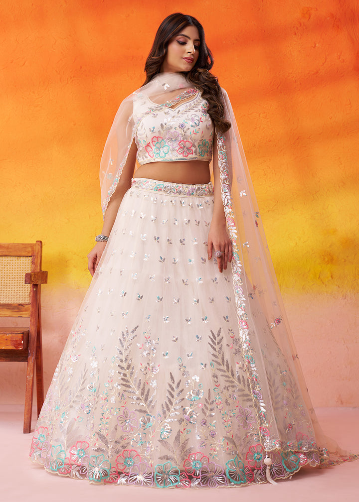 Buy Now Cream Wedding & Party Style Net Lehenga Choli Online in US, UK, Canada, France, Germany, Sweden, Greece, Denmark, Spain, UAE & Worldwide at Empress.