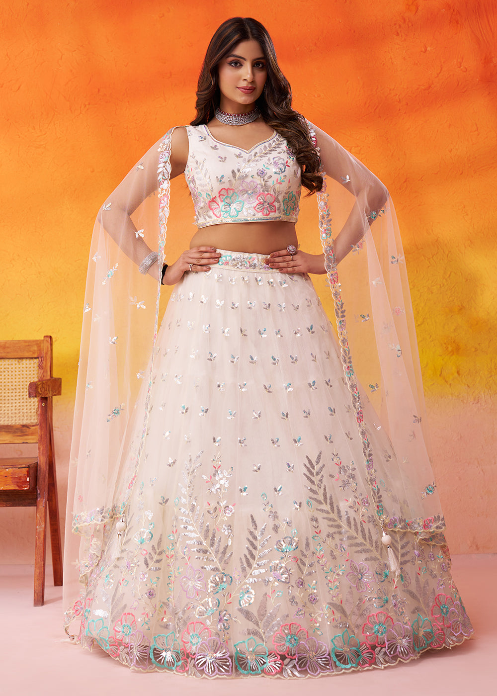Buy Now Cream Wedding & Party Style Net Lehenga Choli Online in US, UK, Canada, France, Germany, Sweden, Greece, Denmark, Spain, UAE & Worldwide at Empress.