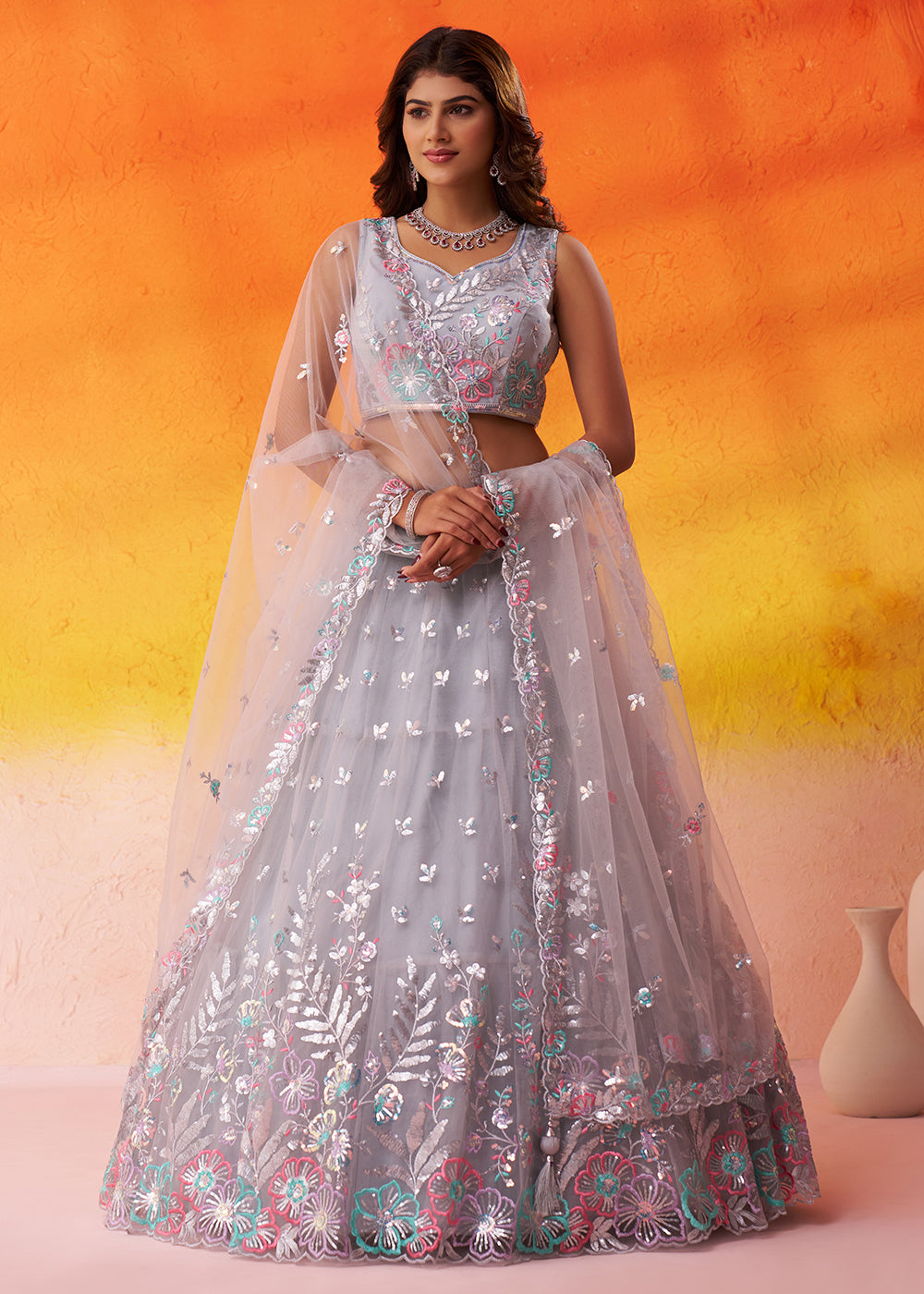 Buy Now Grey Wedding & Party Style Net Lehenga Choli Online in US, UK, Canada, France, Germany, Sweden, Greece, Denmark, Spain, UAE & Worldwide at Empress.