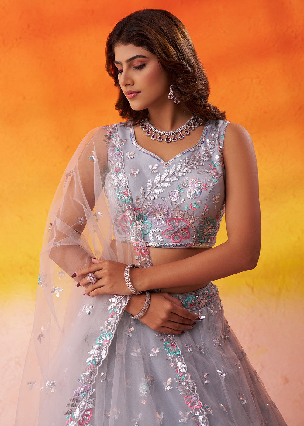 Buy Now Grey Wedding & Party Style Net Lehenga Choli Online in US, UK, Canada, France, Germany, Sweden, Greece, Denmark, Spain, UAE & Worldwide at Empress.