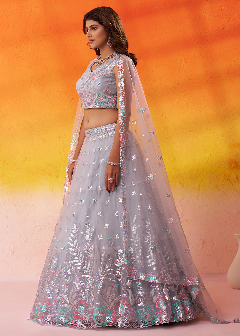 Buy Now Grey Wedding & Party Style Net Lehenga Choli Online in US, UK, Canada, France, Germany, Sweden, Greece, Denmark, Spain, UAE & Worldwide at Empress.