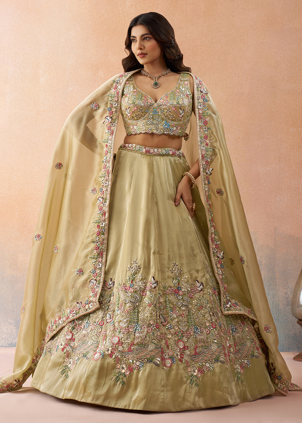 Buy Now Beige Sequins & Zarkan Designer Wear Lehenga Choli Online in US, UK, Canada, France, Italy, Germany, Australia, Greece, Sweden, & Worldwide at Empress.