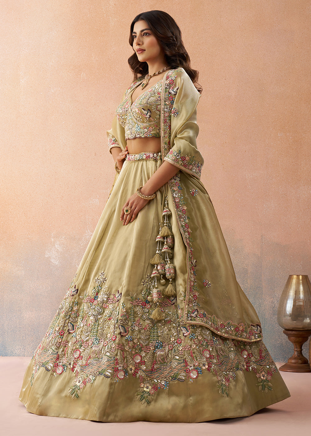 Buy Now Beige Sequins & Zarkan Designer Wear Lehenga Choli Online in US, UK, Canada, France, Italy, Germany, Australia, Greece, Sweden, & Worldwide at Empress.
