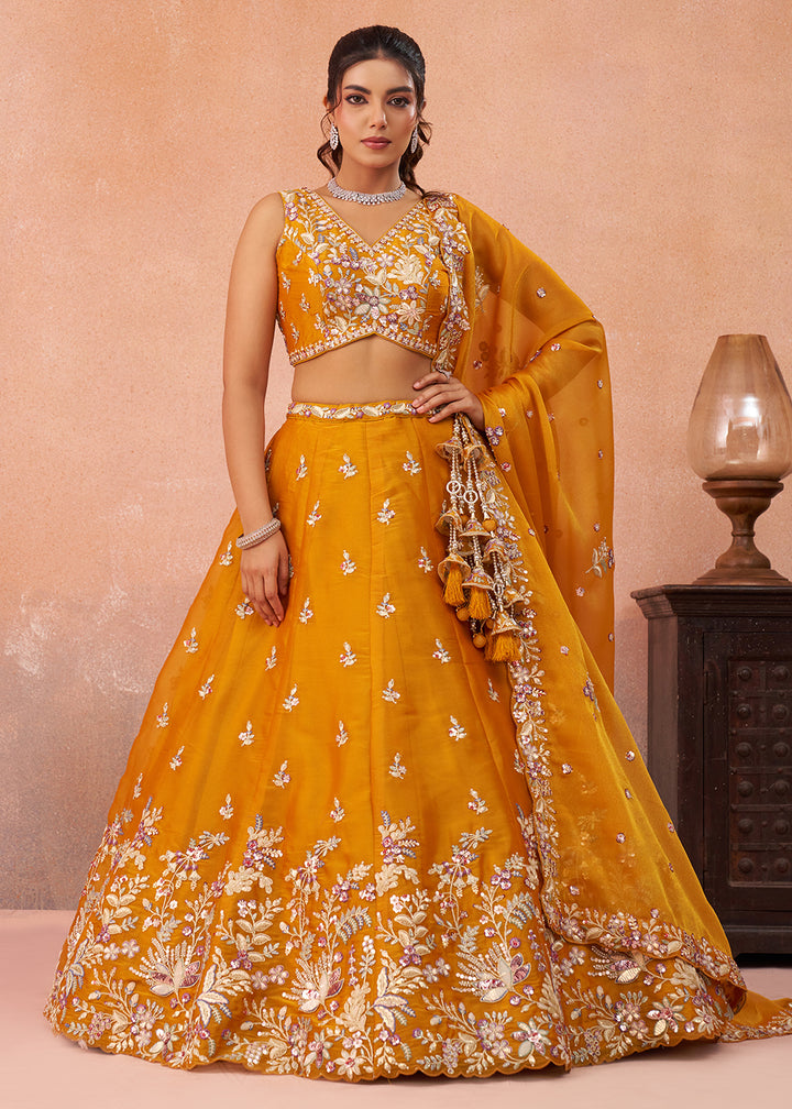 Buy Now Beautiful Mustard Color Sequins Designer Lehenga Choli Online in US, UK, Canada, France, Italy, Germany, Australia, Greece, UAE & Worldwide at Empress.