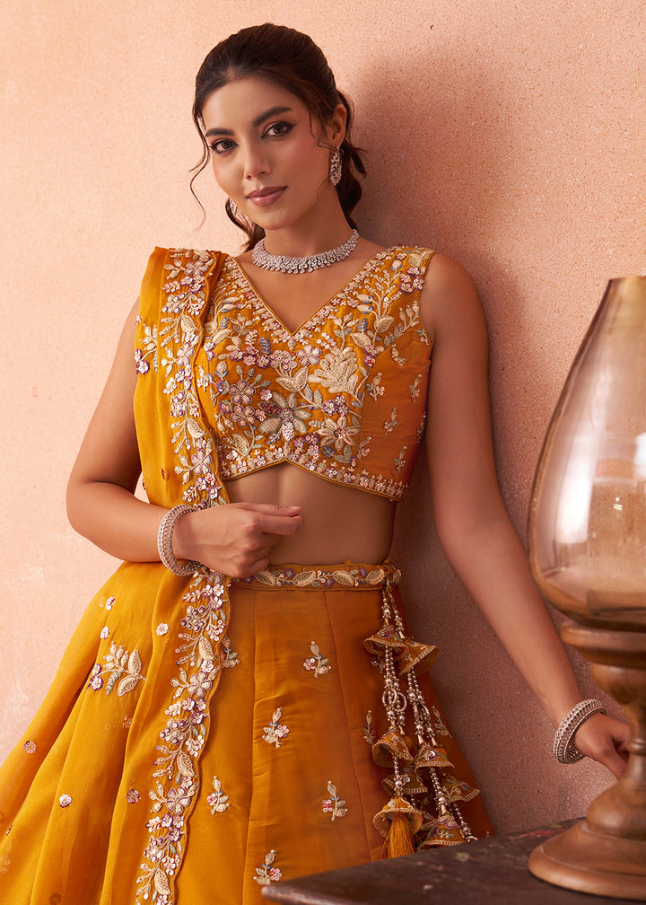 Buy Now Beautiful Mustard Color Sequins Designer Lehenga Choli Online in US, UK, Canada, France, Italy, Germany, Australia, Greece, UAE & Worldwide at Empress.