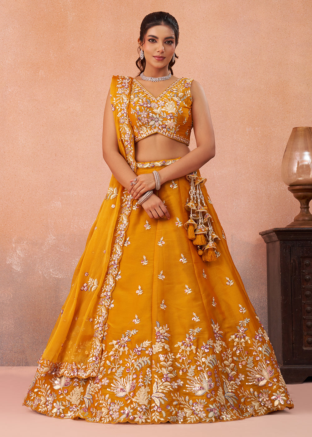 Buy Now Beautiful Mustard Color Sequins Designer Lehenga Choli Online in US, UK, Canada, France, Italy, Germany, Australia, Greece, UAE & Worldwide at Empress.