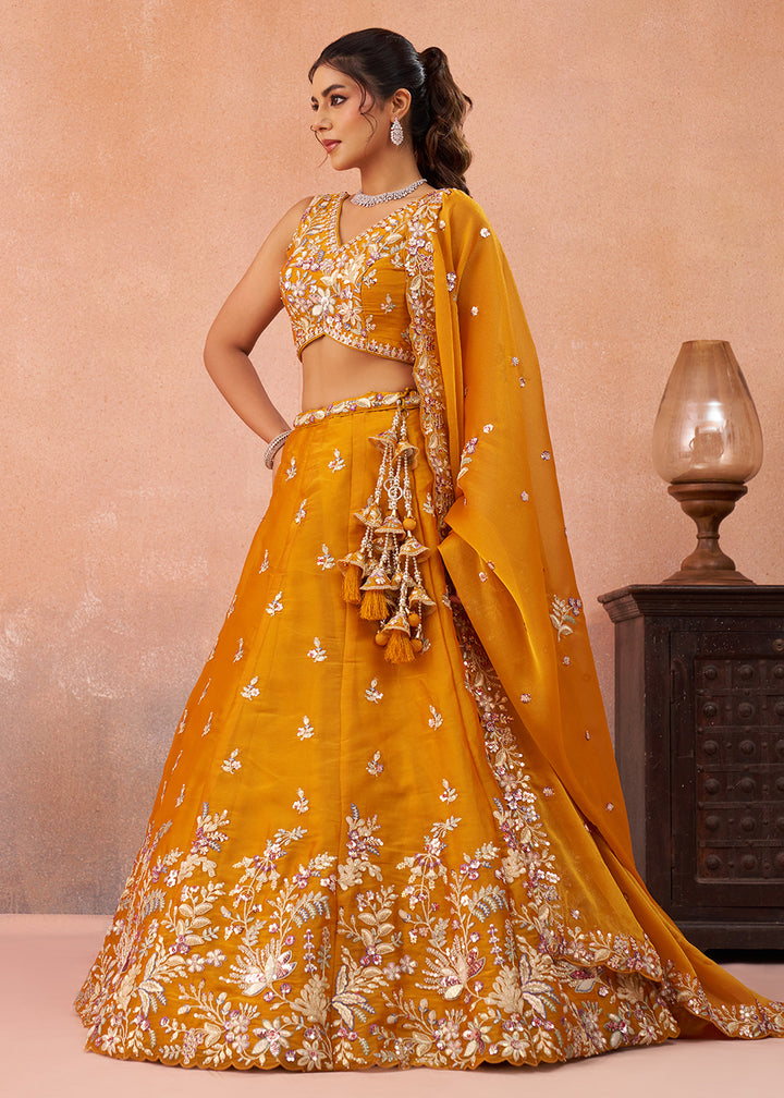 Buy Now Beautiful Mustard Color Sequins Designer Lehenga Choli Online in US, UK, Canada, France, Italy, Germany, Australia, Greece, UAE & Worldwide at Empress.