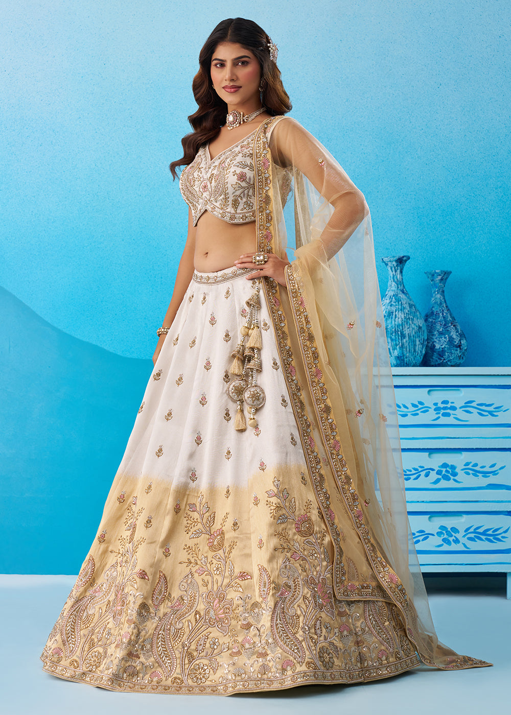 Buy Now Ombre Beige & Cream Designer Wedding Lehenga Choli Online in US, UK, Canada, France, Italy, Germany, Australia, Greece, UAE & Worldwide at Empress.