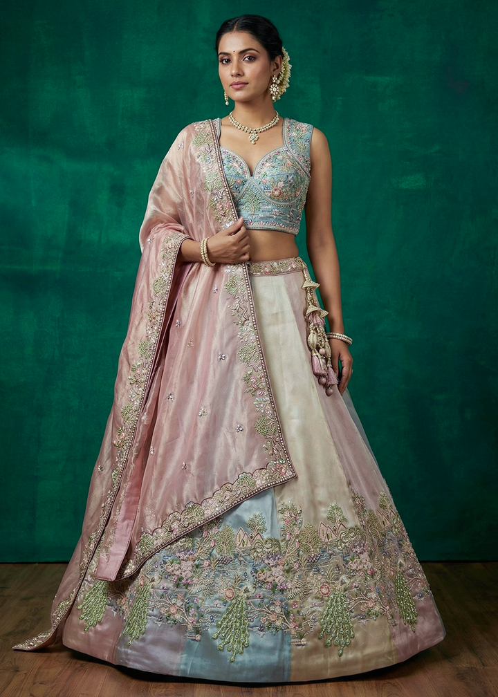Buy Now Firozi Multi-Color Organza Embroidered Lehenga Choli with Dupatta Online in US, UK, Canada, France, Italy, Germany, Sweden, UAE &amp; Worldwide at Empress.