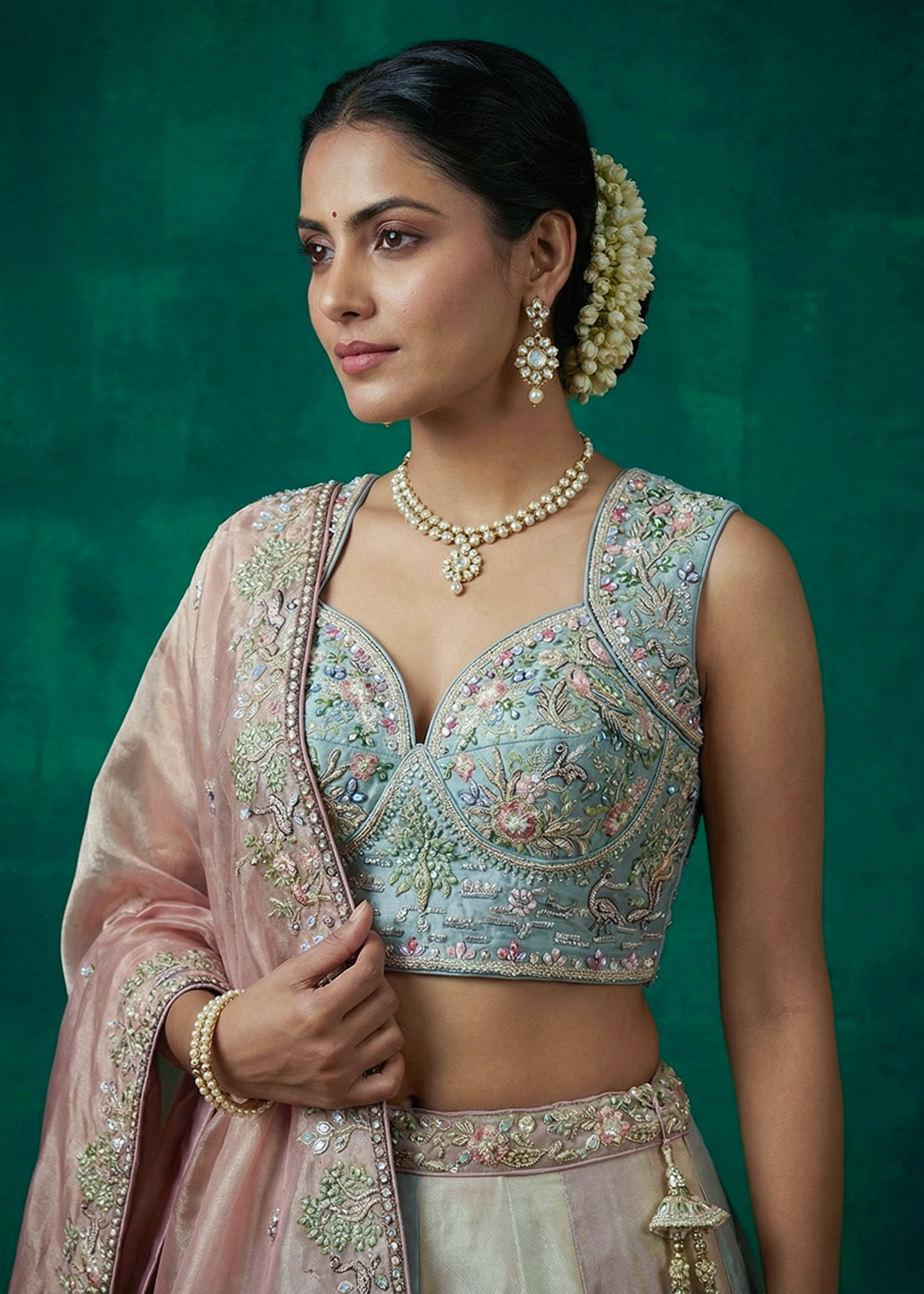 Buy Now Firozi Multi-Color Organza Embroidered Lehenga Choli with Dupatta Online in US, UK, Canada, France, Italy, Germany, Sweden, UAE &amp; Worldwide at Empress.