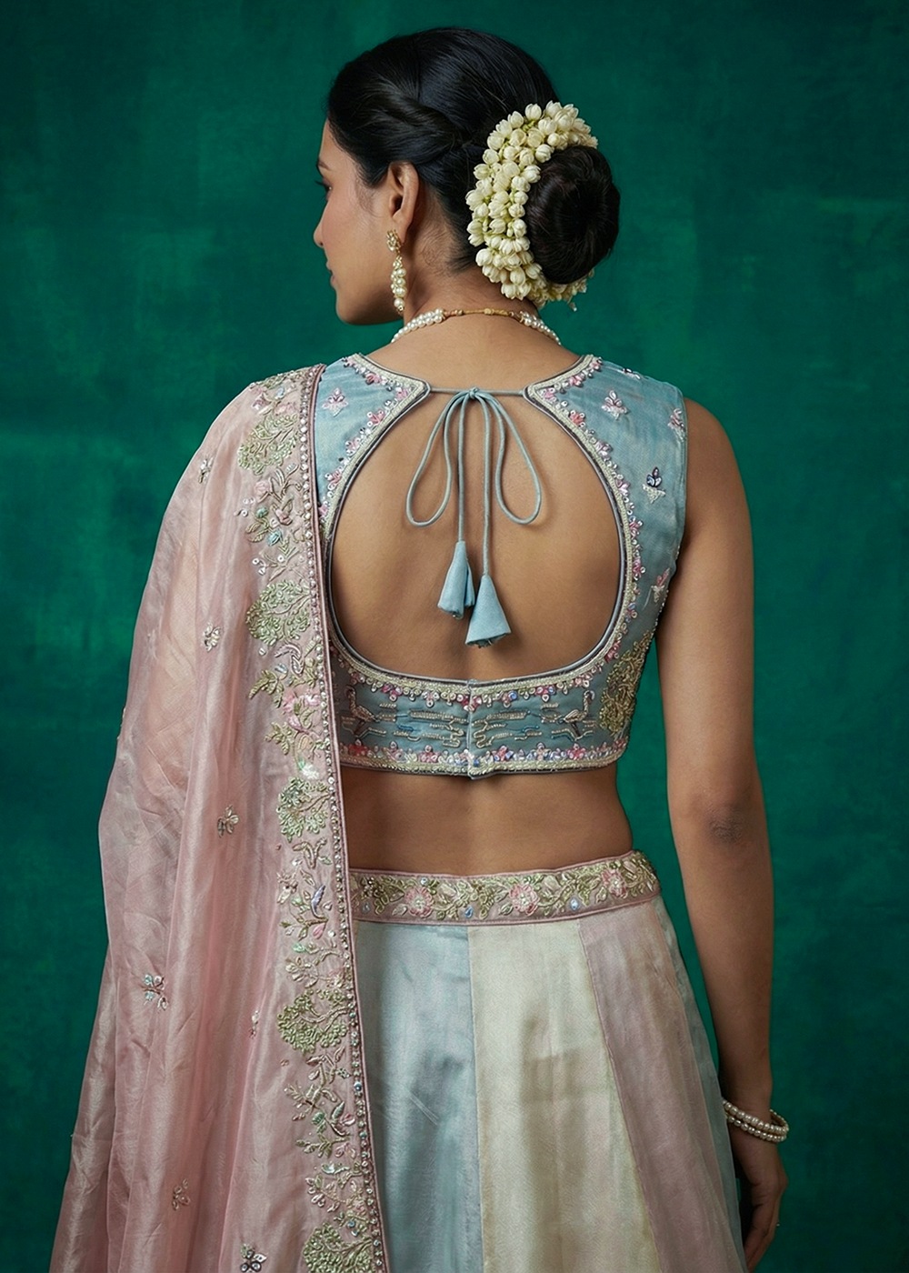 Buy Now Firozi Multi-Color Organza Embroidered Lehenga Choli with Dupatta Online in US, UK, Canada, France, Italy, Germany, Sweden, UAE &amp; Worldwide at Empress.