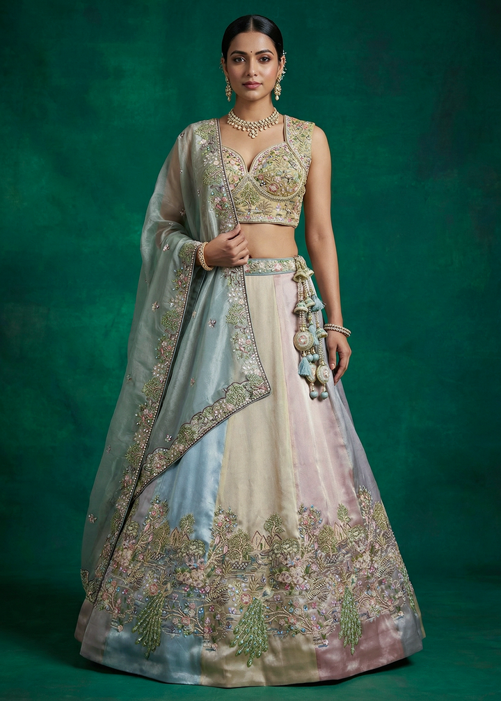 Buy Now Green Multi-Color Organza Embroidered Lehenga Choli with Dupatta Online in US, UK, Canada, France, Italy, Germany, Sweden, UAE &amp; Worldwide at Empress.