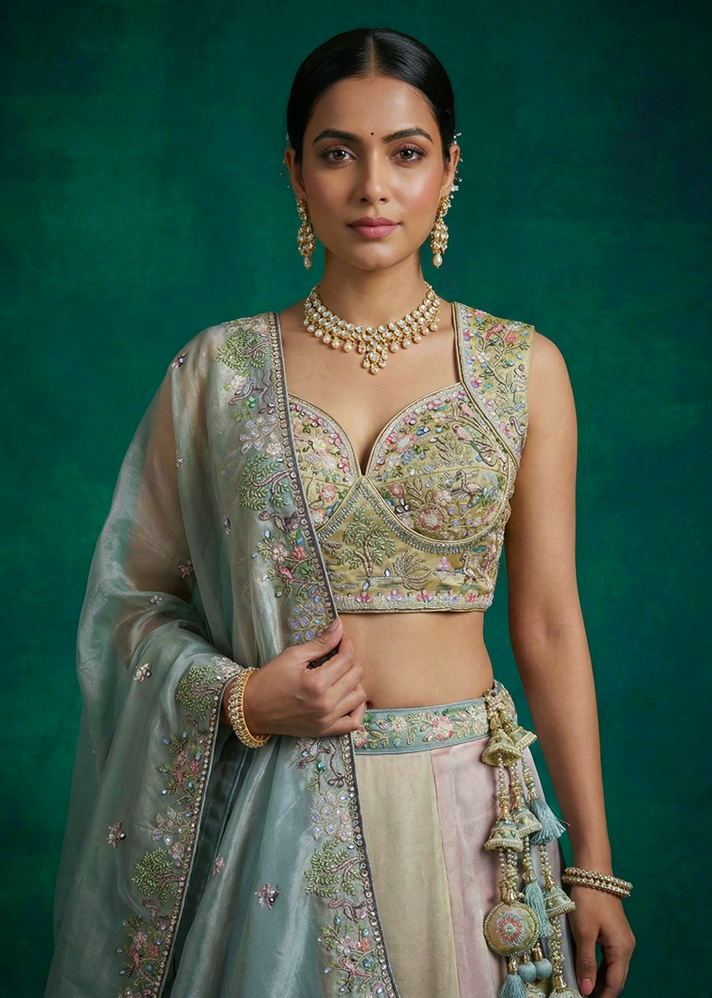 Buy Now Green Multi-Color Organza Embroidered Lehenga Choli with Dupatta Online in US, UK, Canada, France, Italy, Germany, Sweden, UAE &amp; Worldwide at Empress.