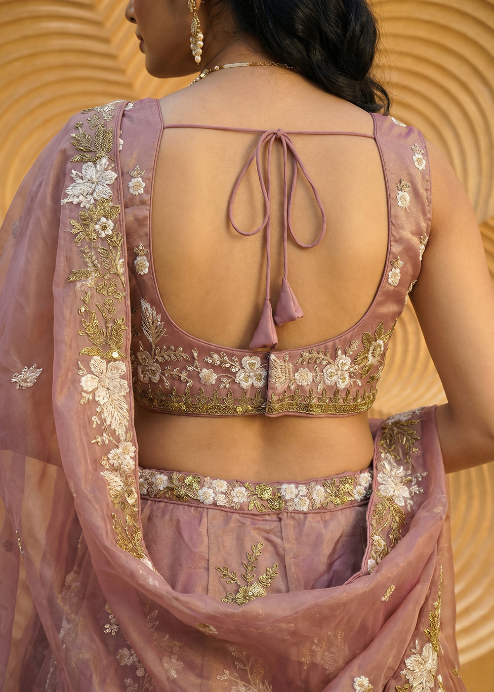 Buy Now Rose Gold Tissue Beads Embroidered Lehenga Choli with Dupatta Online in US, UK, Canada, France, Italy, Germany, Sweden, Denmark &amp; Worldwide at Empress.