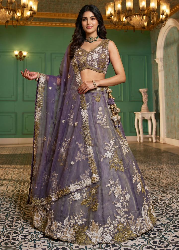 Buy Now Purple Tissue Beads Embroidered Lehenga Choli with Dupatta Online in US, UK, Canada, France, Italy, Germany, Sweden, Denmark &amp; Worldwide at Empress.