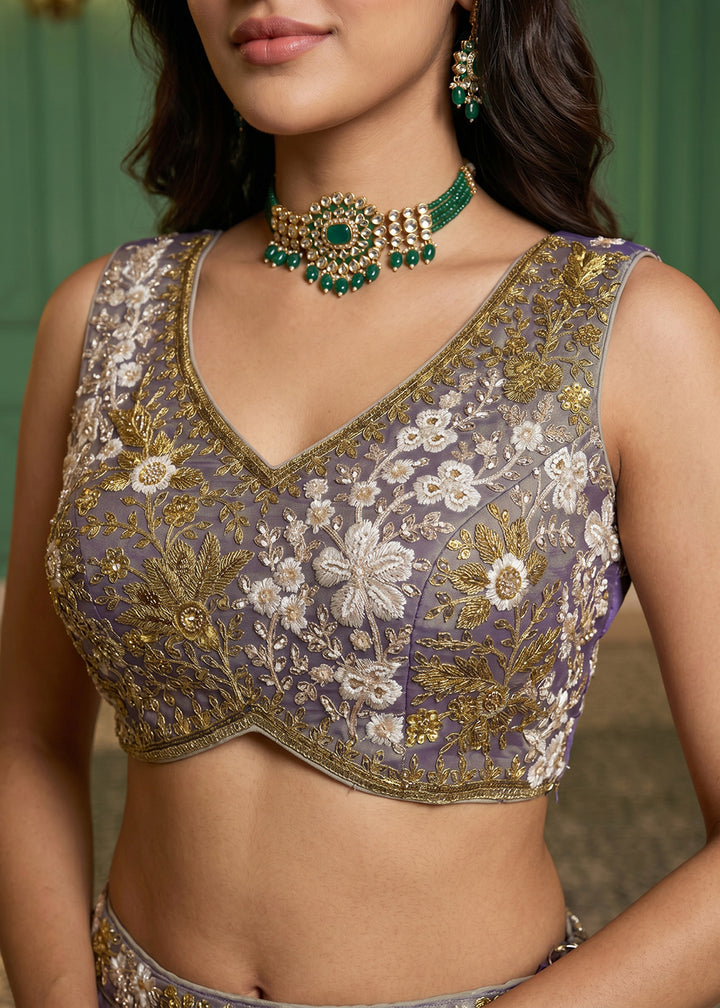 Buy Now Purple Tissue Beads Embroidered Lehenga Choli with Dupatta Online in US, UK, Canada, France, Italy, Germany, Sweden, Denmark &amp; Worldwide at Empress.