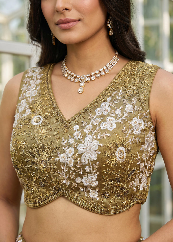 Buy Now Golden Tissue Beads Embroidered Lehenga Choli with Dupatta Online in US, UK, Canada, France, Italy, Germany, Sweden, Denmark &amp; Worldwide at Empress.