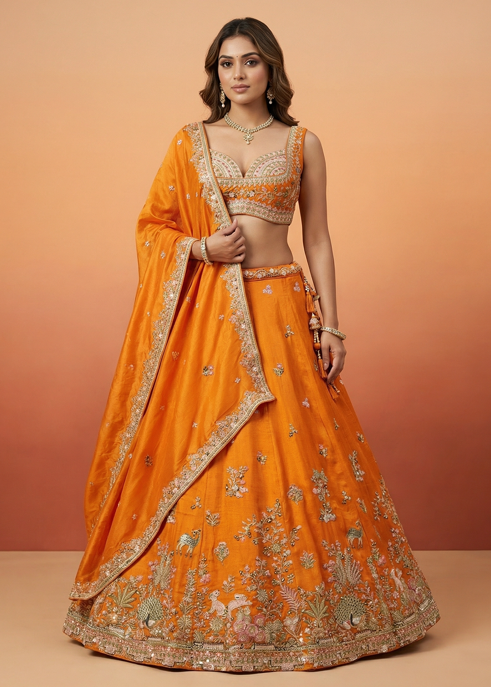 Buy Now Orange Tissue with Colourful Peacock Embroidery Lehenga Set Online in US, UK, Canada, France, Italy, Germany, Sweden, Denmark & Worldwide at Empress.