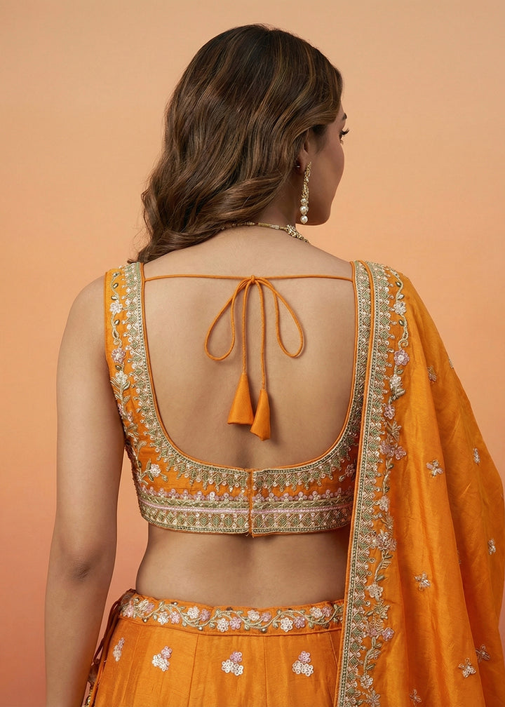 Buy Now Orange Tissue with Colourful Peacock Embroidery Lehenga Set Online in US, UK, Canada, France, Italy, Germany, Sweden, Denmark &amp; Worldwide at Empress.